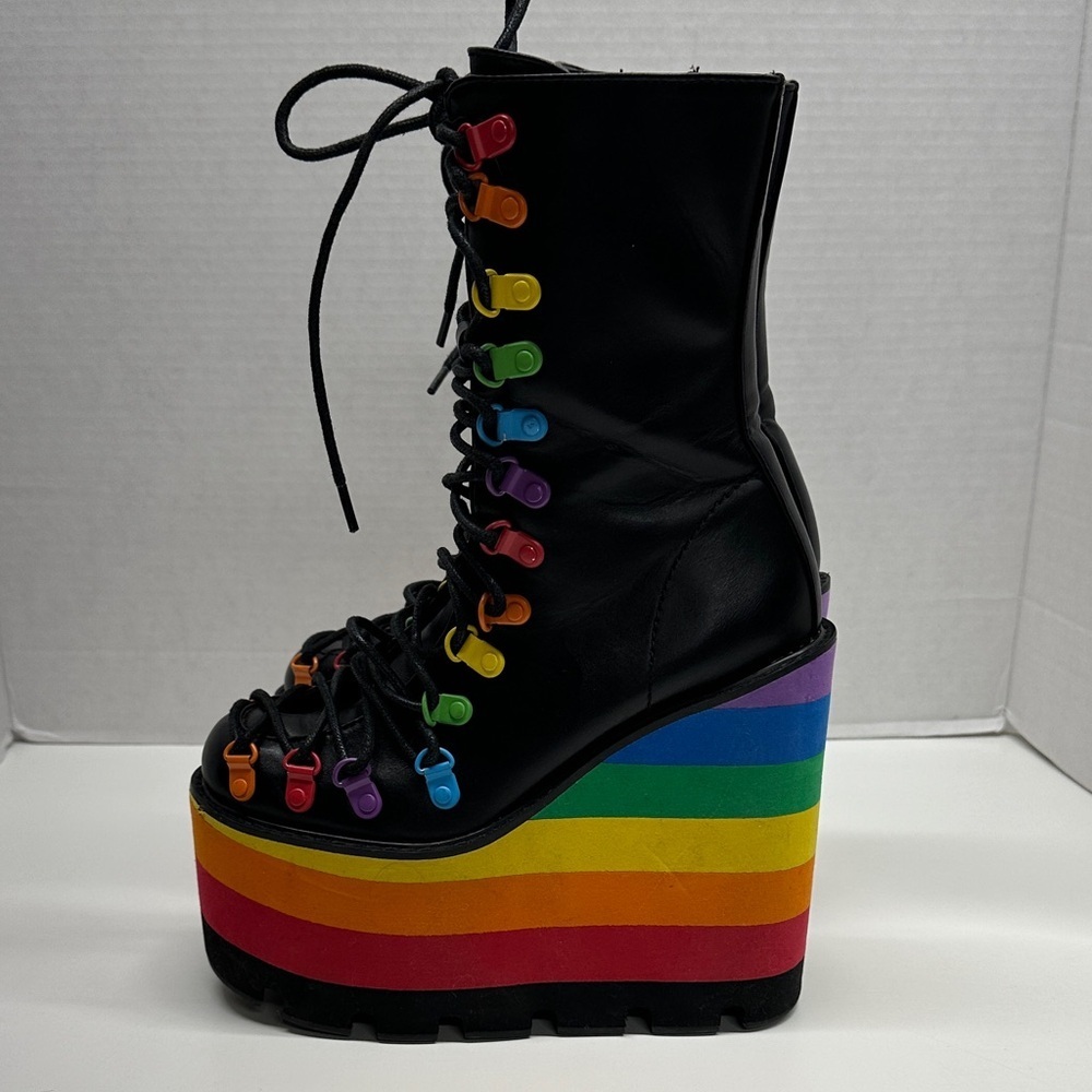 Dolls Kill Club Exx Rainbow Platform Boots Lace Up Heeled Boots Colorful Size 6 - Picture 5 of 12